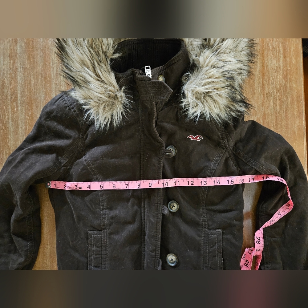 Y2K Vintage Hollister Womens Chocolate Brown Bomber Jacket with Faux Fur Hood XS - Picture 7 of 9